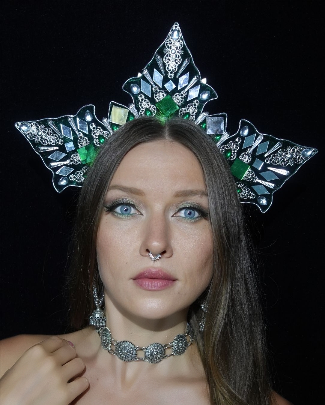 Elven tribal fusion crown with ethnic ornaments mirrors and crystals